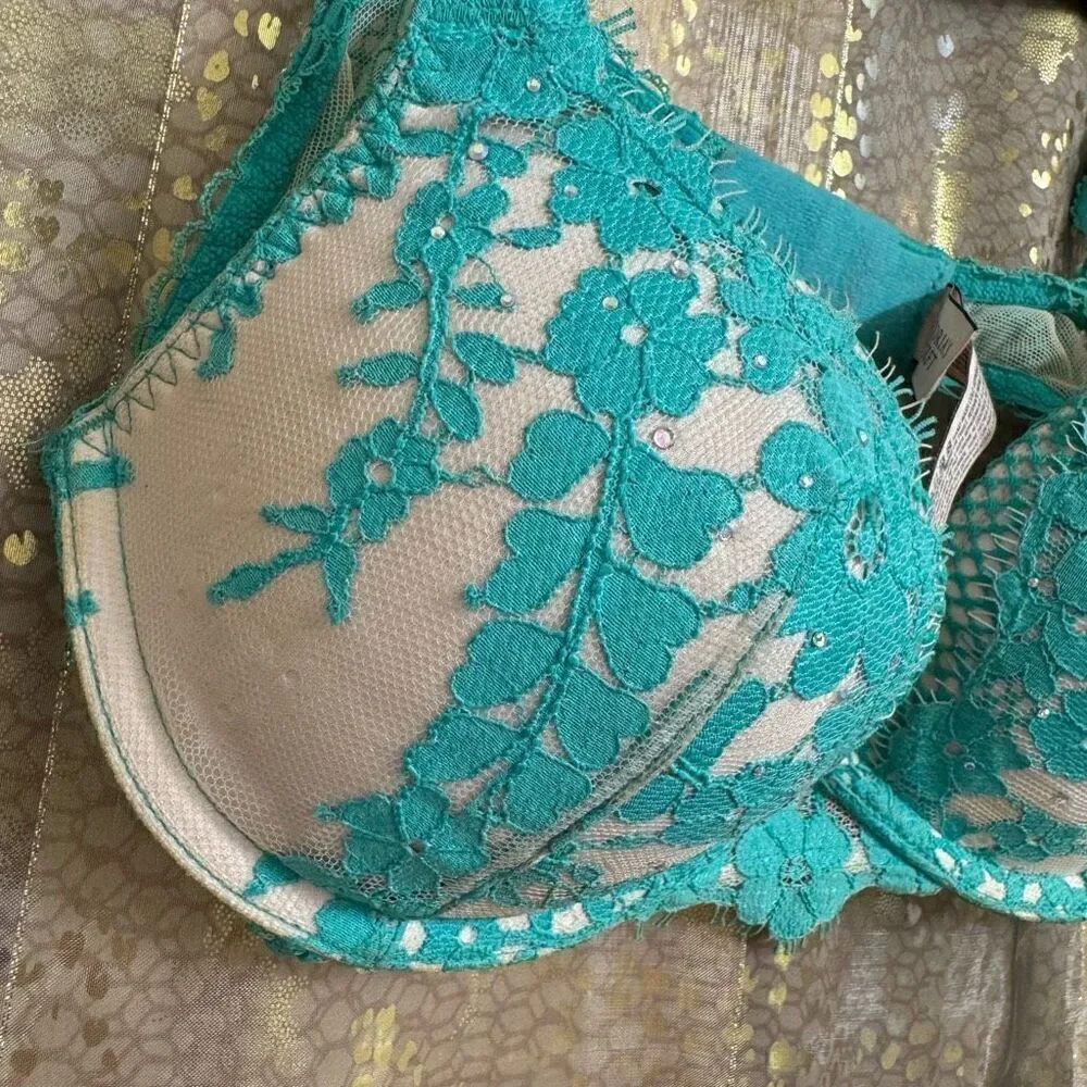 Victorias Secret Teal Lace Rhinestone Dream Angels‎ Push Up Bra 32B